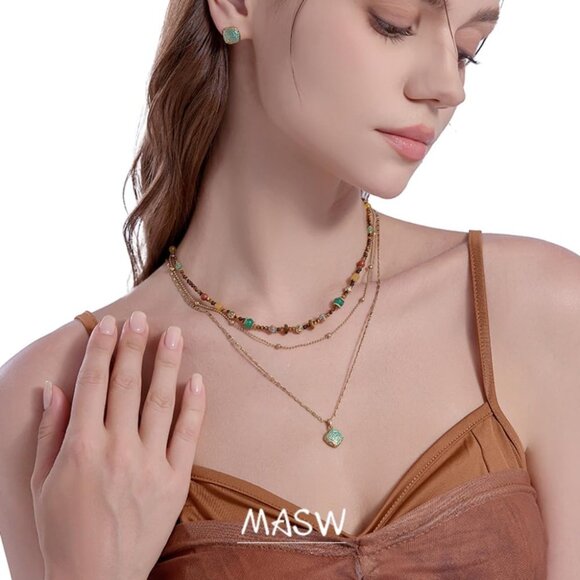 Boho layered multi-beaded necklace gold-plated women’s jewelry stylish long laye - Picture 2 of 6